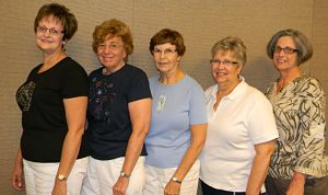 Five Hospice Volunteers smiling. Cynthia Lindskoog, Karen Burnett, Karen Lansink, Jane Snyder and Zanet Thies