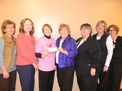 Seven females are standing together, smiling.